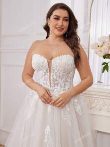 Vestido de novia elegante talla grande con corsé de tul bordado para la novia