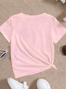 SHEIN 年轻女孩字母和猫咪印花圆领运动 T 恤可爱 T 恤 - 粉色 - 查看 2