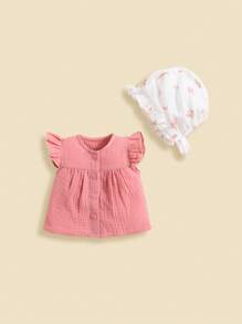SHEIN Pasgeboren Baby Meisjes Effen kleur Rucheszoom Tops , Bloemen Shorts En Pet 3 stuks