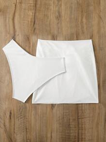 SHEIN Swim 纯色扭结比基尼裙配三角内裤，两件套 - 白色 - 查看 4