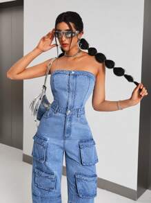 SHEIN ICON Women's Cargo Denim Jumpsuit With Pinafore - Blue - View 6