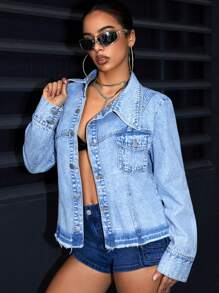 SHEIN ICON Women's Asymmetrical Collar Denim Jacket - Blue - View 3