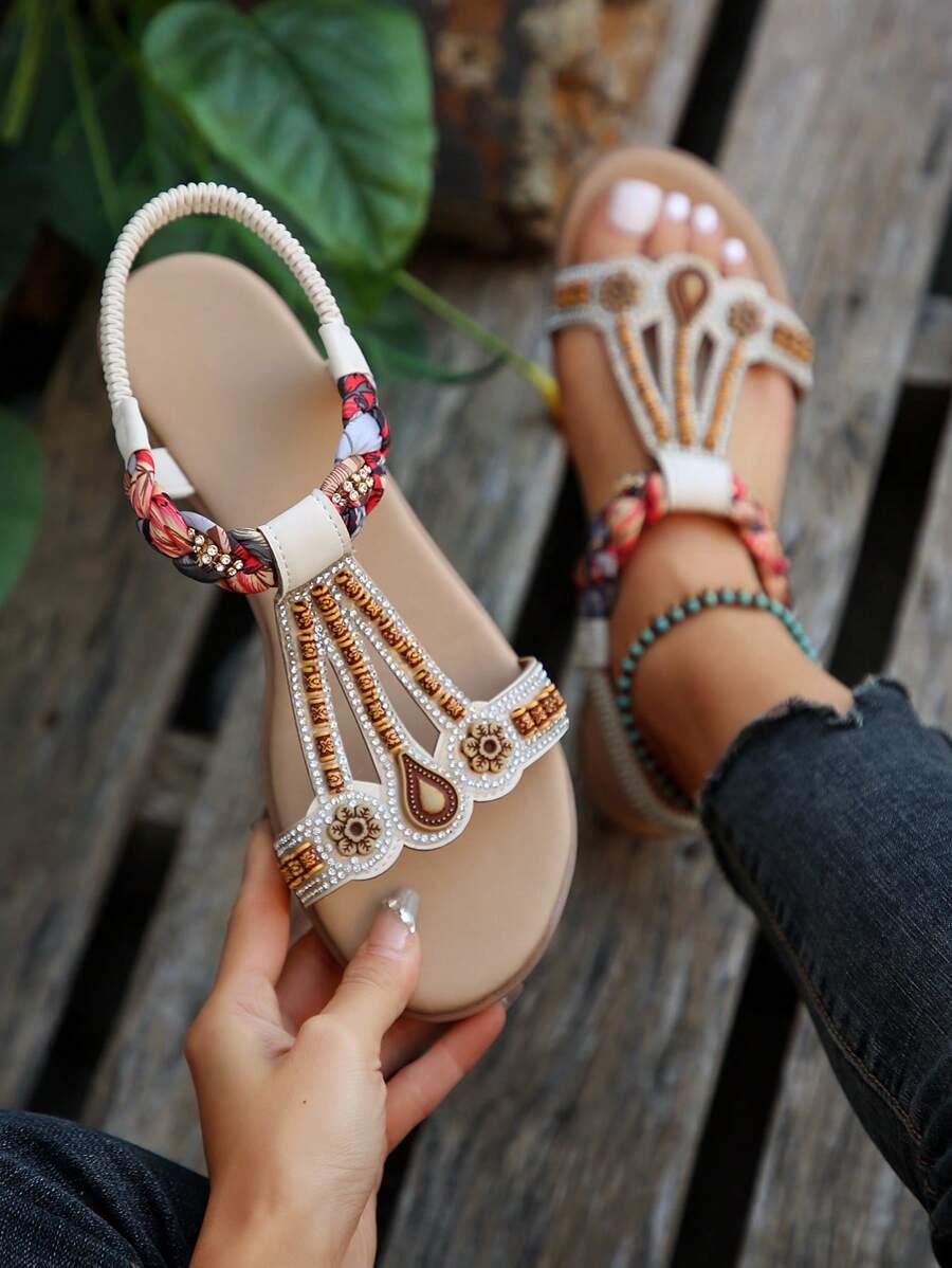 Women'S Comfortable Wedge Heel Thick-Sole Sandals, Vintage Roman Style Open Toe Slip-On Lightweight Slip-Resistant Shoes - Beige - View 1