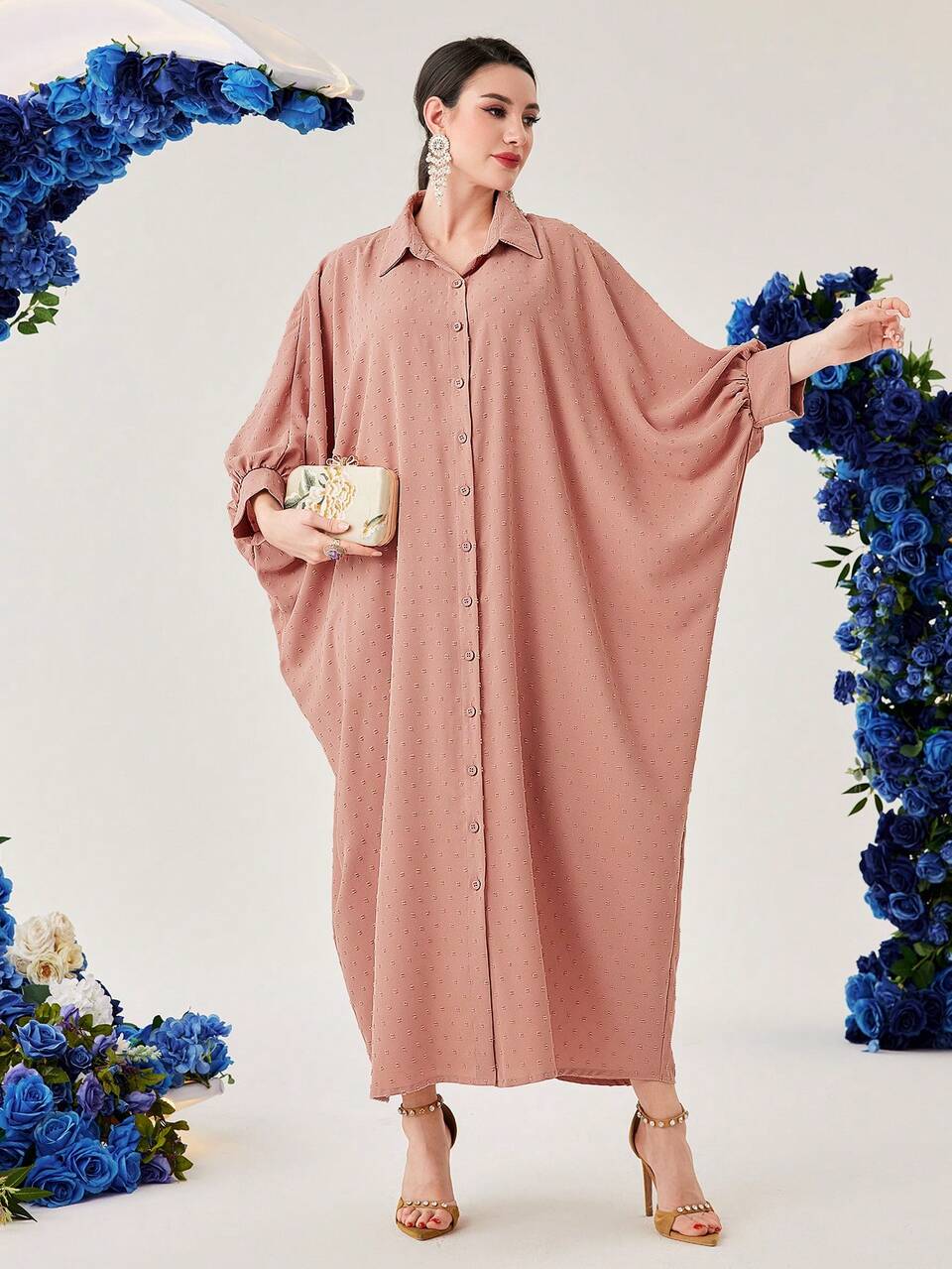 Ladies' Plain Jacquard Batwing Sleeve Kaftan Dress