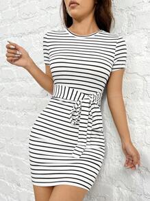 SHEIN EZwear Đen & Trắng Sọc Dệt kim Váy bodycon Đối với phụ nữ - Đen và trắng - Xem 4