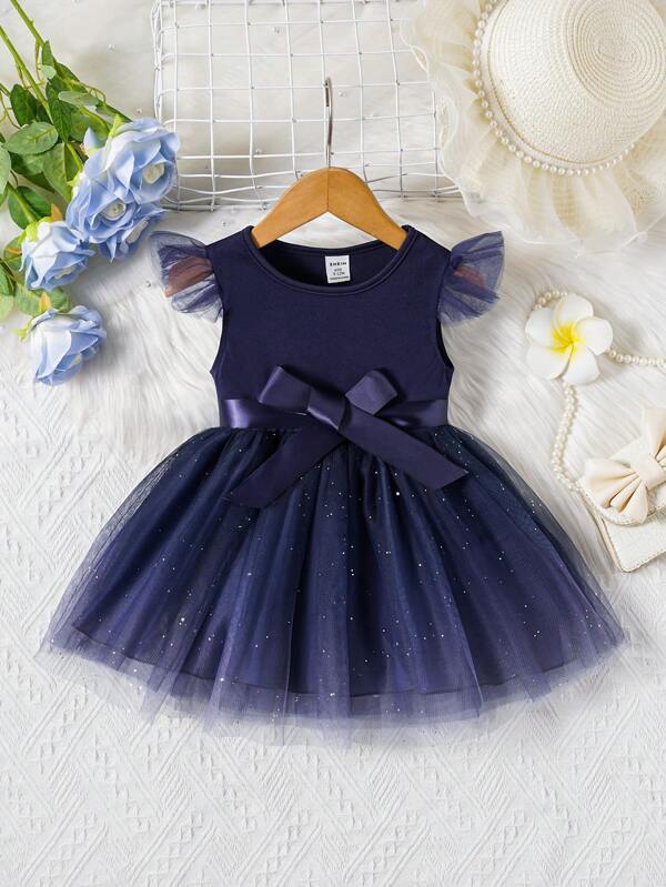 SHEIN Glamorique Kids Baby Girl Iridescent Shiny Flounce Hem Dress, Blue
