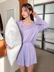 DAZY Bộ đồ ngủ đơn giản màu trơn có viền xếp nếp, đồ mặc nhà - Màu tím - Xem 3