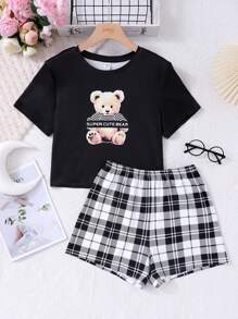 SHEIN Teen Girl Knitted Teddy Short Sleeve T-Shirt And Plaid Shorts Homewear Set - Black and White - View 1