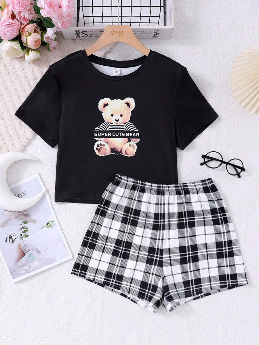 SHEIN Teen Girl Knitted Teddy Short Sleeve T-Shirt And Plaid Shorts Homewear Set - Black and White - View 1