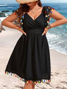 SHEIN SunnyBelle Kích thước lớn Cổ chữ V Tua chi tiết Thanh lịch Ngày lễ Đầm - màu đen - Xem 7