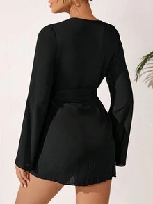 SHEIN Swim 女士長袖和服,腰部打結,適用於音樂節 - 黑色 - 查看 2