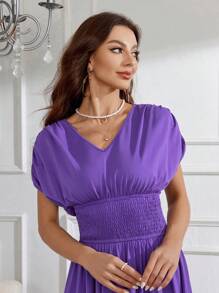 Modelyn Ladies' Short Sleeve Pleated Waist A-Line Dress Long Evening Dresses - Purple - View 8