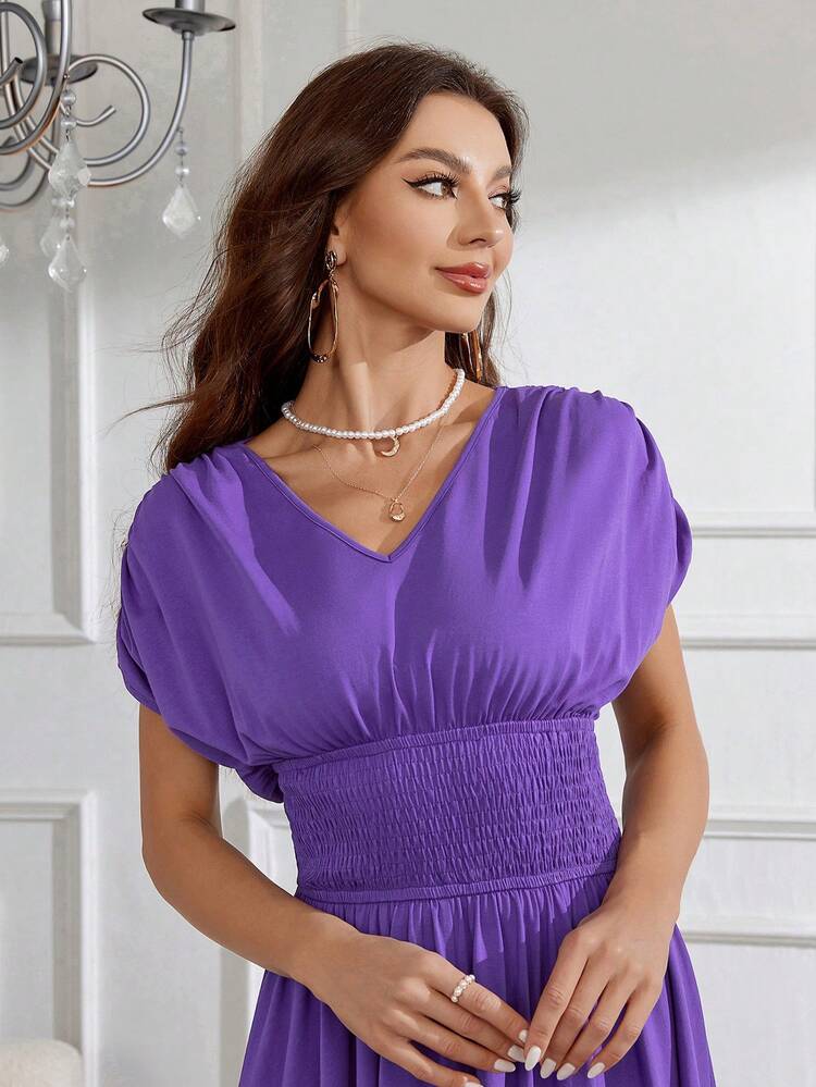 Ladies' Short Sleeve Pleated Waist A-Line Dress Long Evening Dresses