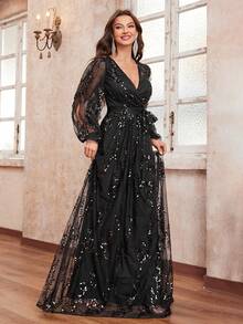 YISIKADO Của phụ nữ Long lanh Vượt qua Cổ chữ V Xu hướng: Cắt giảm Tay áo dài Buổi tiệc Đầm dạ hội - màu đen - Xem 5