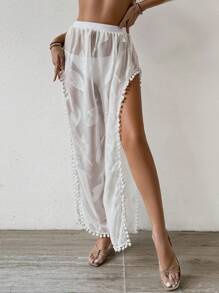 SHEIN Swim Váy xòe hở vai chắp vá và xẻ đôi cho nữ mùa hè - trắng - Xem 3