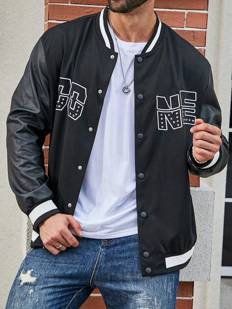 Men's Plus Size Text Printed Baseball Jacket