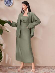 Mulvari Damen Einfarbige Langarm Bluse Und Kleid Set