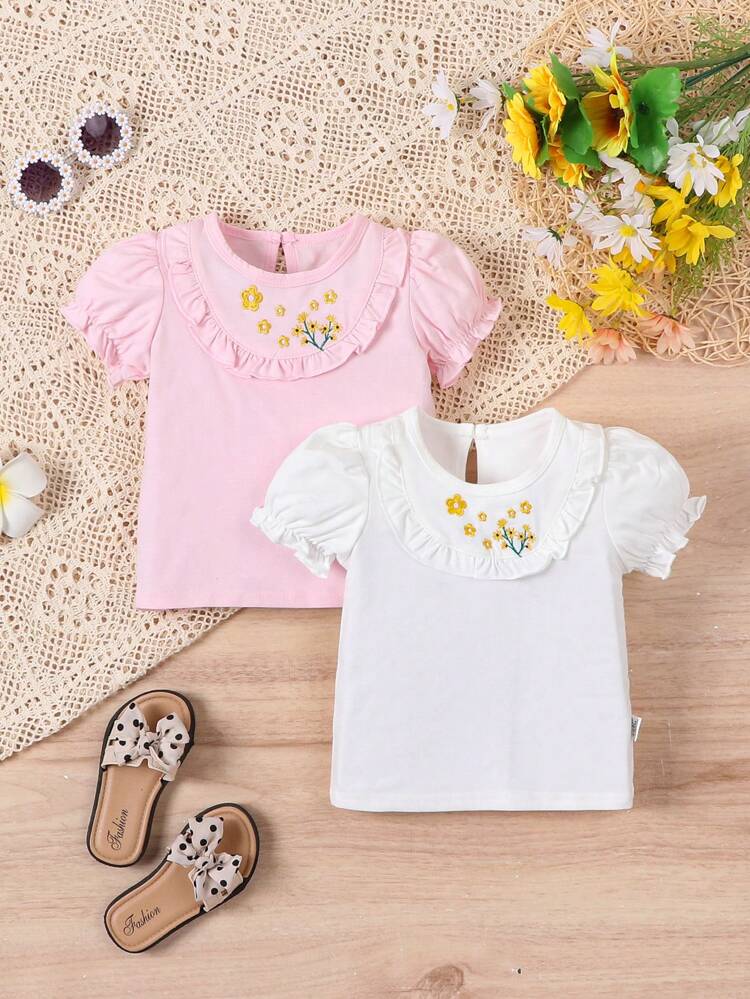 2pcs Baby Girl Summer Ladylike Exquisite Floral Embroidery Pattern Short Sleeve T-Shirt