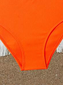 SHEIN Tween Girl Criss Cross Back Ribbed Bikini Set, Summer Beach Bathing Suit - Orange - View 4