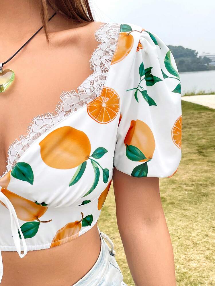 Women's Short Puff Sleeve Bubble Fruit Print Shirt