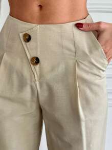 RueChic Solid Color Wide-Leg Pants With Button And Slanted Pockets