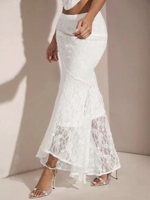 SHEIN BAE 女用不對稱蕾絲魚尾裙 - 白色 - 查看 6