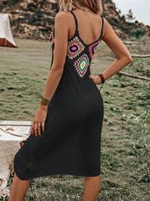 SHEIN Swim 幾何圖案勾織拼接吊帶罩衫連衣裙 - 黑色 - 查看 2