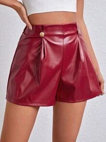 SHEIN Essnce Của phụ nữ chất liệu da PU Nút Đồ trang trí Quần short - Đỏ - Xem 3