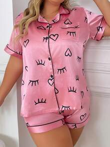 Women's Plus Size Heart Eyelash Pattern Printed Imitation Silk Pajama Set - Hot Pink - View 6