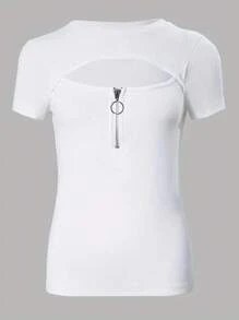 SHEIN Plus Size Women's Zipper Design Cut-Out Short Sleeve T-Shirt - White - View 3