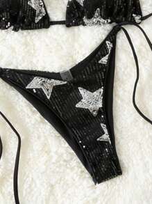 Swim EVENT 星星圖案打結側面比基尼套裝-音樂節 - 黑與白 - 查看 4