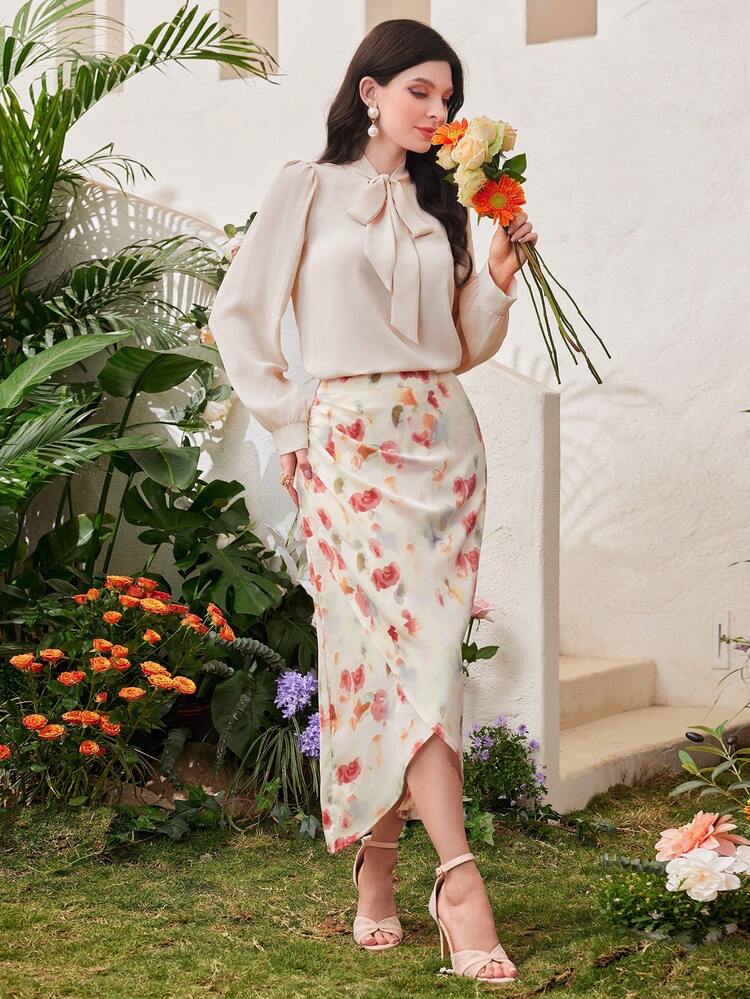 Women's Floral Print Cross Hem Skirt Fall Cloth For Women