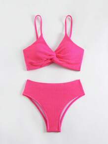 SHEIN Swim 夏季沙灘女性純色比基尼套裝，扭結細節設計