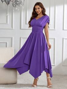 Modelyn Ladies' Short Sleeve Pleated Waist A-Line Dress Long Evening Dresses - Purple - View 1