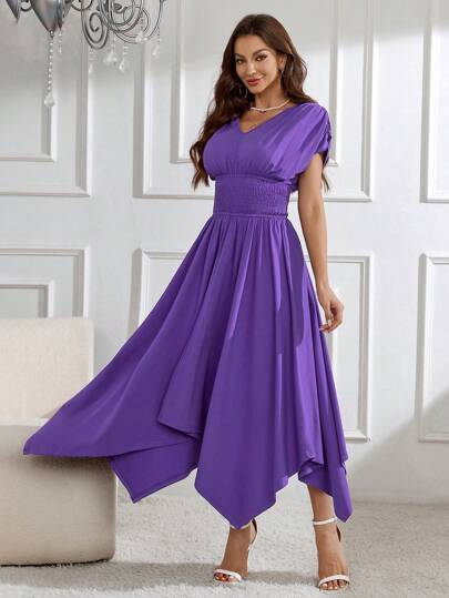 Modelyn Ladies' Short Sleeve Pleated Waist A-Line Dress Long Evening Dresses