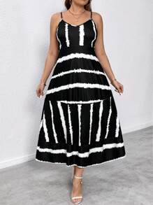 SHEIN LUNE Kích thước lớn Của phụ nữ Nhuộm buộc Sọc Váy Dây - màu đen - Xem 3