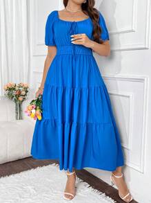 Flirla Vestido De Talla Grande Con Cuello Elegante Y Dobladillo Multicapa - Azul - Ver 7