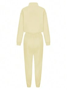 SHEIN EZwear 女士標語印花下落肩長袖運動衫和運動長褲套裝 - 米色 - 查看 3