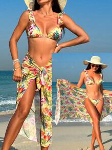 SHEIN Swim Women's Tropical Fruit Printed Ruffle Trim Bikini Set, Bikini Set Swimwear Bathing Suit Beach Outfit Summer Vacation Summer Beach