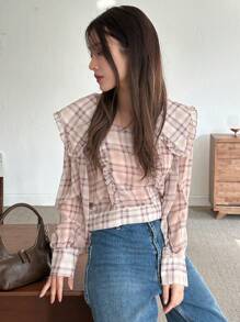 DAZY 女款格紋長袖襯衫校園風 - 藕粉色 - 查看 6