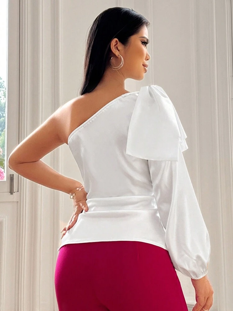 Spring White One Shoulder Satin Shirt For Women, Sexy Clubwear With Bowenot Detail, Valentine's Day
