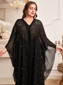 Al Najma Plus Size Batwing Sleeve Dress With Rhinestone Studs And Hot Drilling Detail - Black - View 5