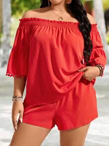 SHEIN VCAY Plus Size Women's Off-The-Shoulder Pom Pom Decorated Shirt And Shorts Set - Red - View 3