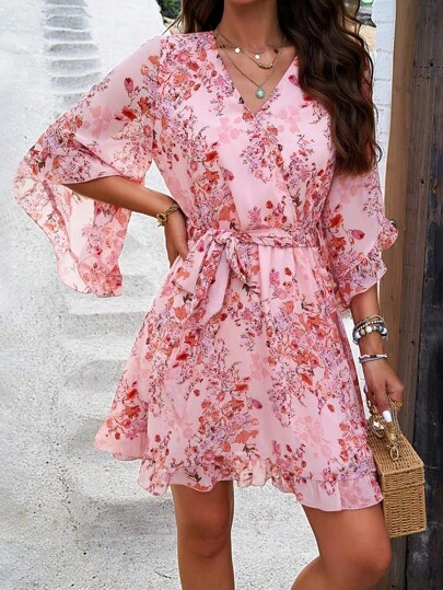 PoPoHouse Printed Ruffle Hem Mini Dress, Women's Lightweight Flare Sleeve With Belt Elegant Vacation Beach Skirt, Suitable For Spring/Summer Daily Wear Pink