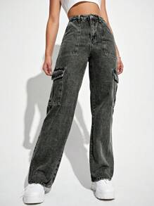 SHEIN EZwear 女士直筒牛仔裝工作褲 - 深灰色 - 查看 3