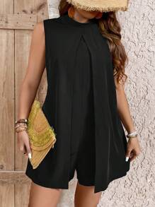 SHEIN Clasi Plus Size Women's Solid Color Sleeveless Stand Collar Romper - Black - View 4