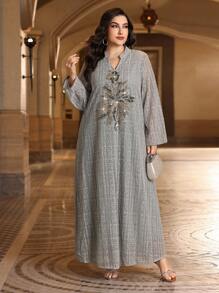 Al Najma 大码女式阿拉伯风格长款灯笼袖串珠拼接素雅连衣裙，卡夫坦