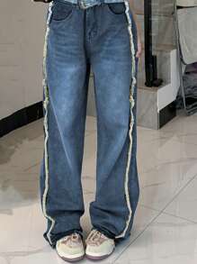 Manfinity Homme Loose Fit Men's Frayed Hem & Washed Denim Jeans - Blue - View 5