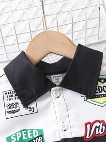 SHEIN 年轻女孩字母印花长袖衬衫和松紧袖口裤子两件套 - 黑與白 - 查看 5