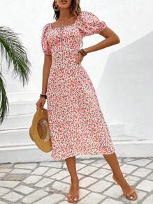 Breezaya Girls' Ditsy Floral Print Puff Sleeve Dress - Red - View 3